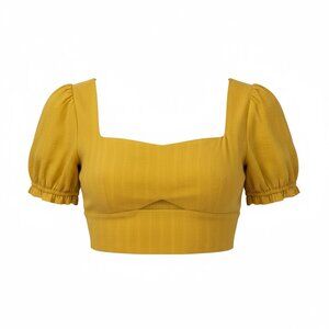NWT Altar'd State Mustard Yellow Puff Sleeve Crop Top Size L Smocked Back Cutout